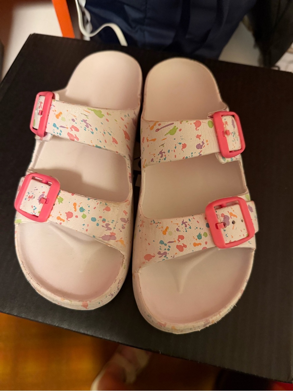 Kids White Splash-Print Slide Sandals with Pink Buckles